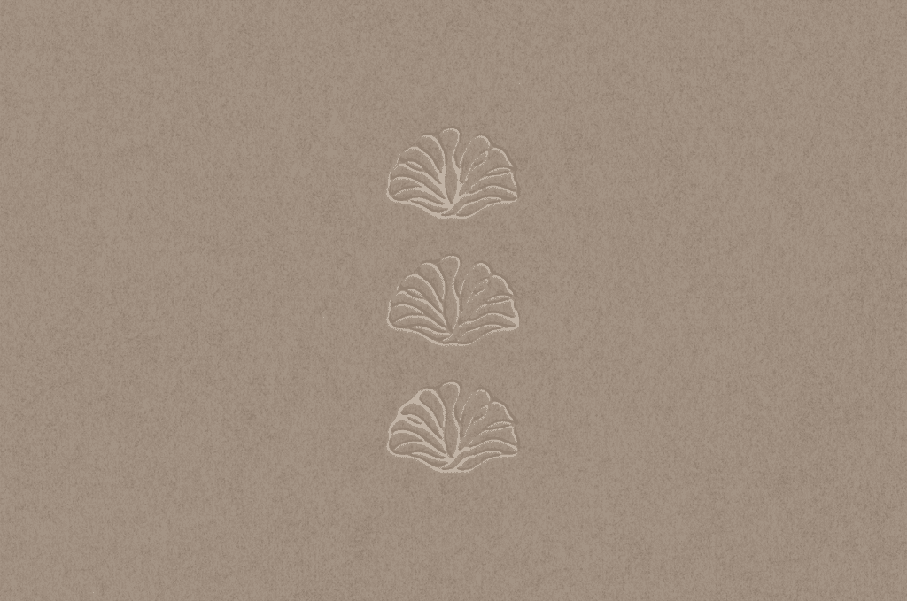 Embossed shell-inspired brand icon repeated on textured neutral paper for luxury beauty branding.