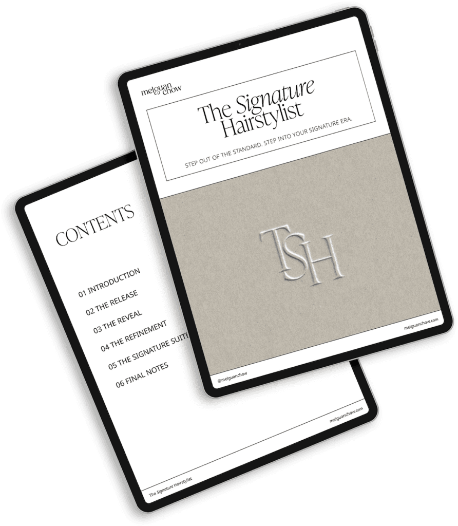 Mockup of The Signature Hairstylist online course for hairstylists designing signature services and increasing income